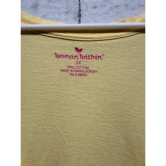 Woman Within Yellow Short Sleeve Top 3X Size 100% Cotton V-Neck Gathered Detail - Picture 4 of 7